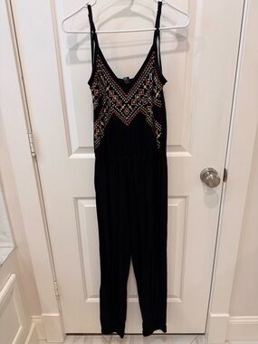 Forever 21 Black Embroidered V-Neck Spaghetti Strap Jumpsuit